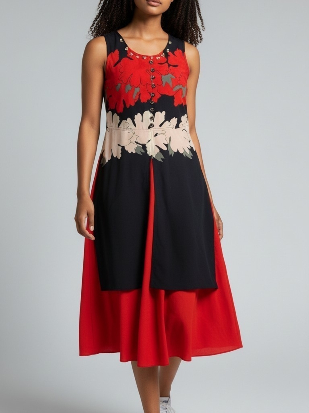 Women’s Red & Black Floral Panel Midi Dress